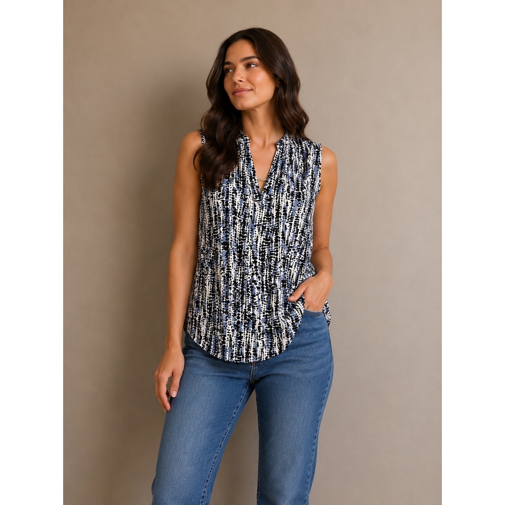Jones New York Women's Abstract Blue and Black Sleeveless‎ Blouse Small